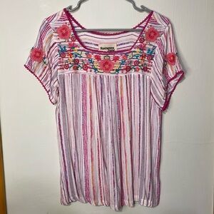Savanna Jane Striped & Floral Embroidered Top S